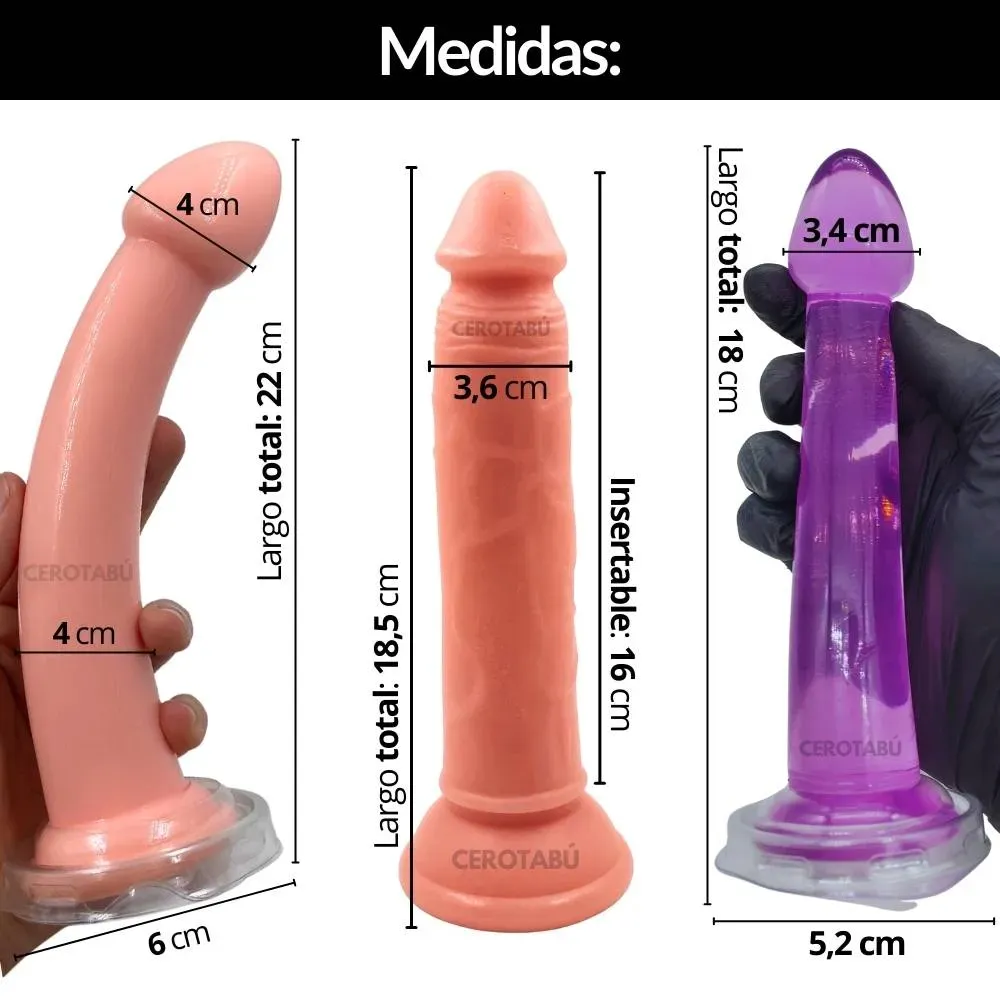 Dildo Realista + x2 Dildos Curvos Adherentes + Arnes Doble Universal 