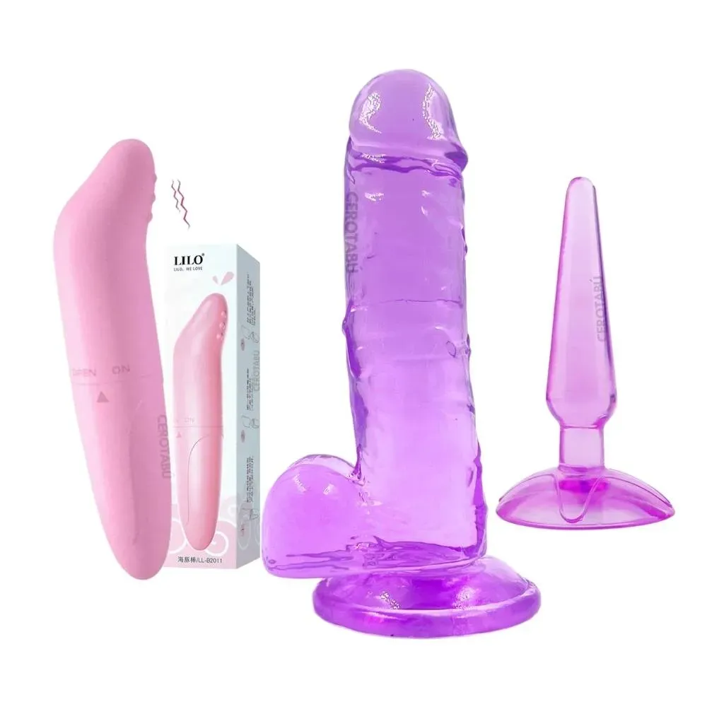 Kit Dildo Realista + Plug Anal + Vibrador Tipo Bala 