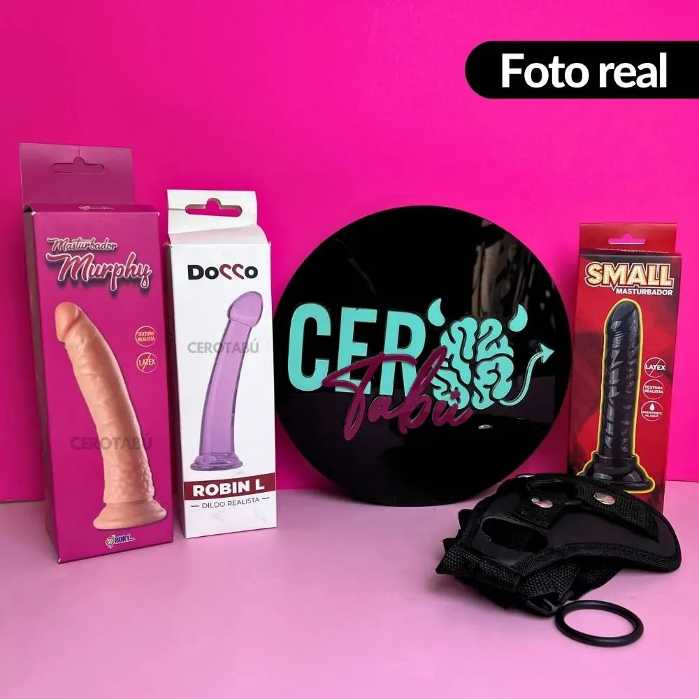 x2 Dildo Realista + Dildo Curvo Adherente + Arnes Doble 