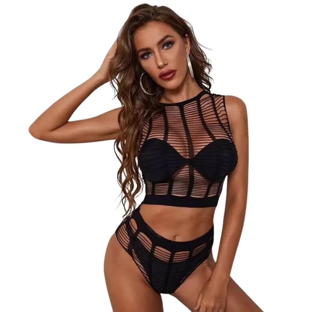 Conjunto Lencería Femenina Brasier Bralette Panty En Malla Body 