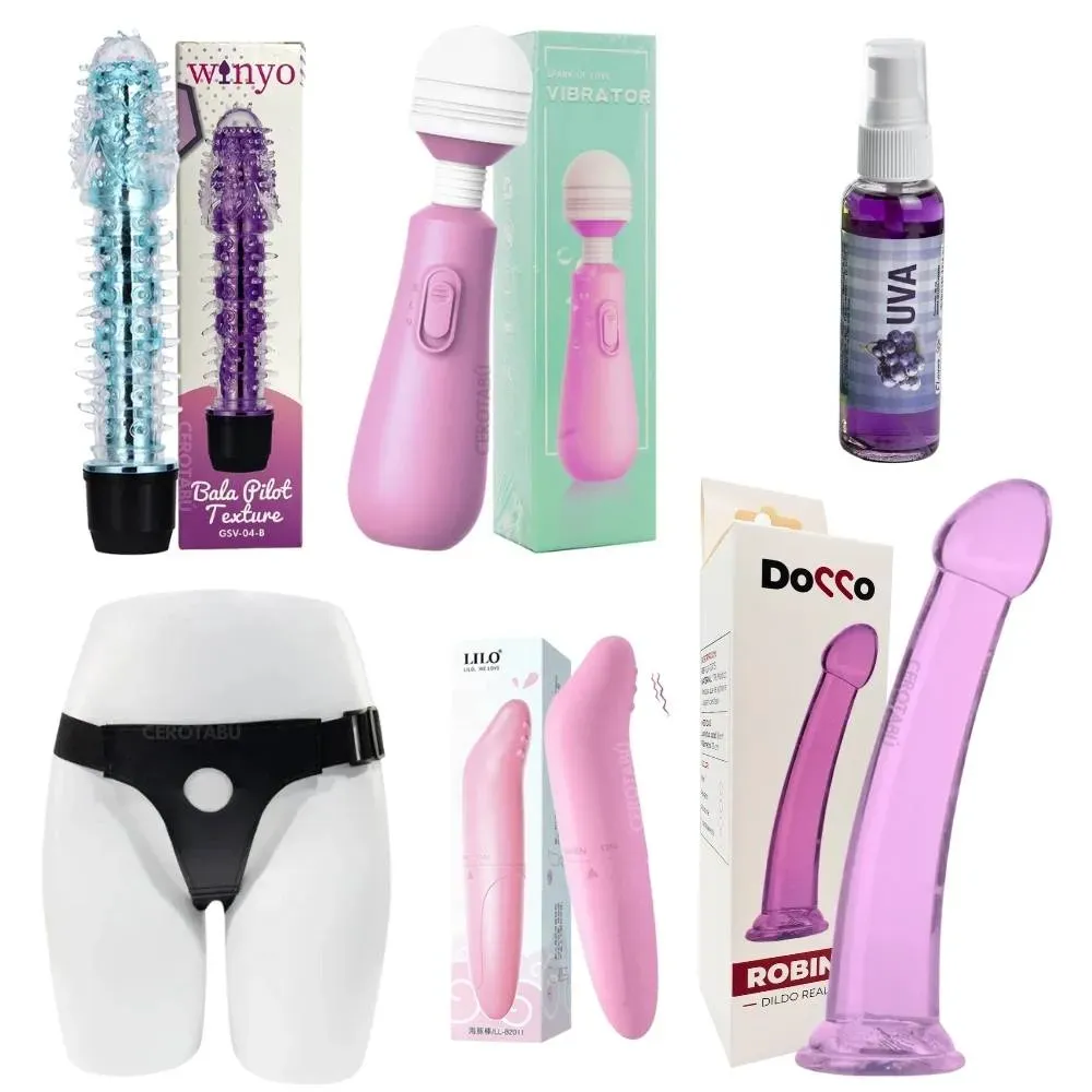 Kit Lésbico 6 piezas Vibrador Lubricante Arnés Dildo 