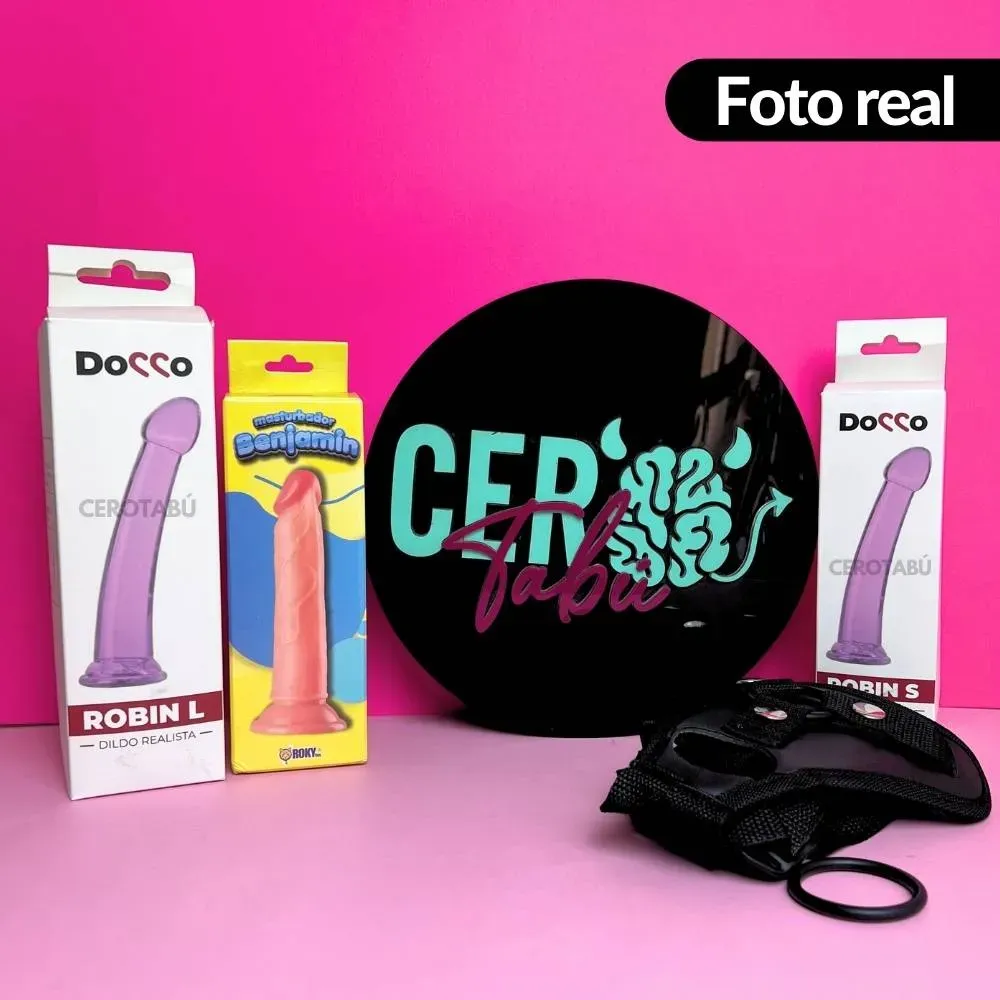 Dildo Realista + x2 Dildos Curvos Adherentes + Arnes Doble Universal 