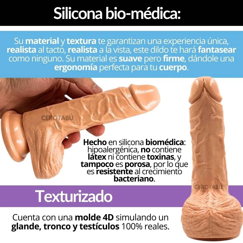 Dildo Consolador Pene Realista Adherente Silicona Biomédica 18cm