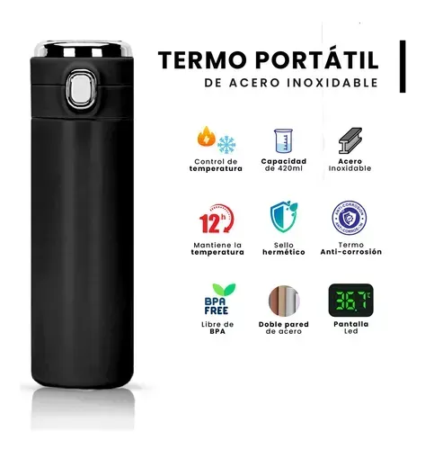 Termo Botella Portátil Conserva Temperatura Digital Led Acero Inoxidable Flask Innovo Negro