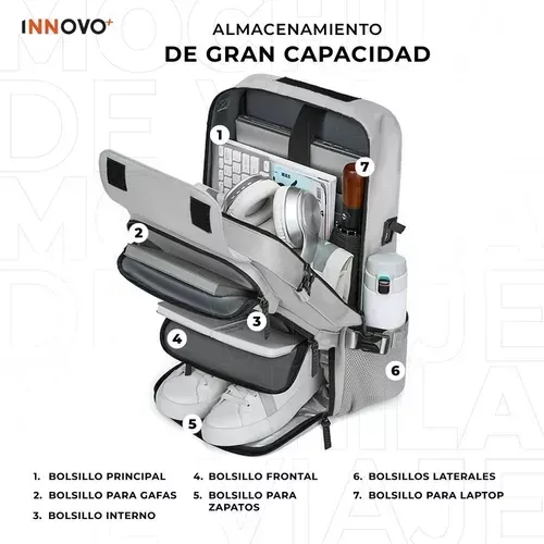 Mochila Bolso Maleta Multifuncional Viajero Gran Capacidad Impermeable Gris Innovo Bags