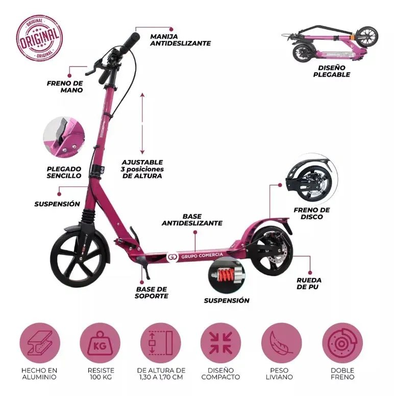 Patineta Scooter Freno De Disco Suspensión Rosa Profesional