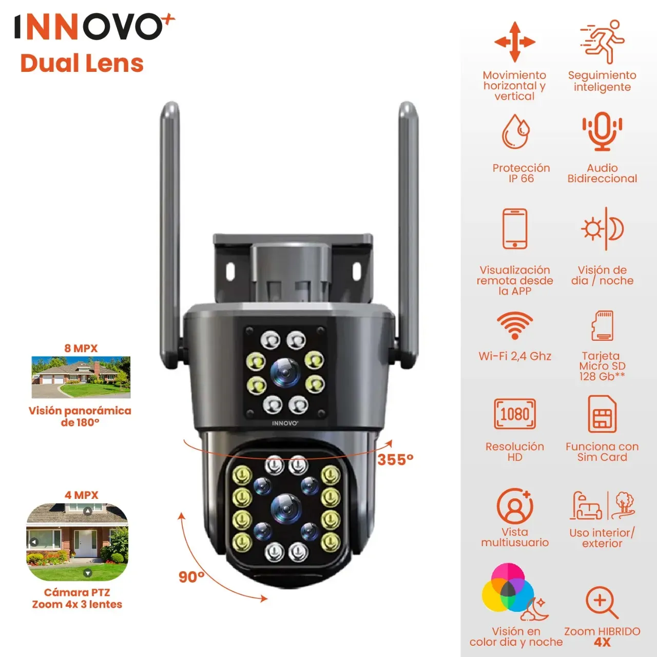 Cámara Ip Exterior Doble Lente Wifi Vision Nocturna 360 V380 Color Negro