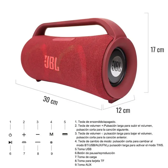 Parlante Rojo Boom Box Rojo JBL Bluetooth Recargable USB TWS Mp3