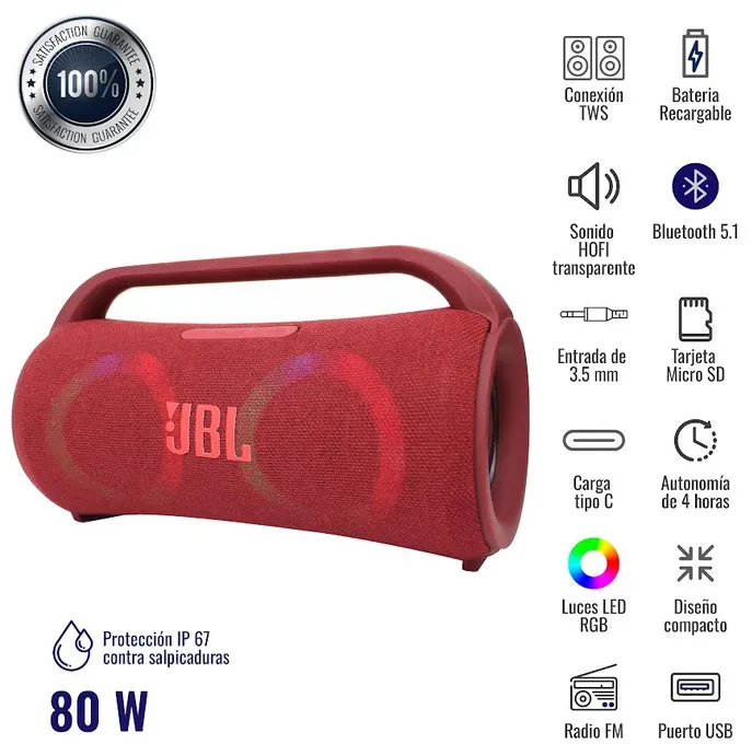 Parlante Rojo Boom Box Rojo JBL Bluetooth Recargable USB TWS Mp3