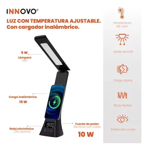 Lámpara De Mesa Recargable Carga Inalámbrica Led Reloj