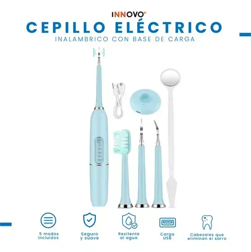 Cepillo Dental Ultrasonic Recargable Con Accesorios Limpieza Profunda Innovo Azul