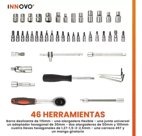 Juego De Copas Rache Puntas Extensor Estuche Herramienta Manual 46 Piezas Innovo