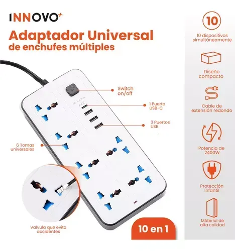 Multitoma Extensión Protección 10 En 1 Usb / Usb C Innovo