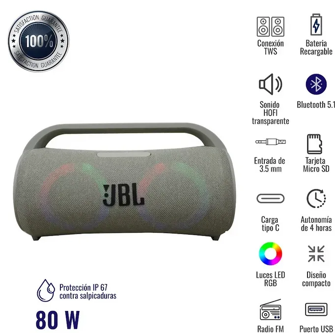 Parlante Portátil Bluetooth Tws Resiste Salpicaduras Jbl Replica Diseño