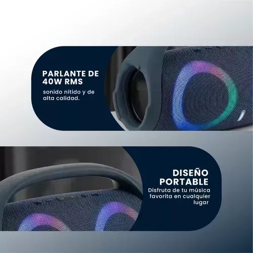 Parlante Portatil Boom Mega Bass Sound Luces Bluetooth Tws Resiste Salpicaduras Azul