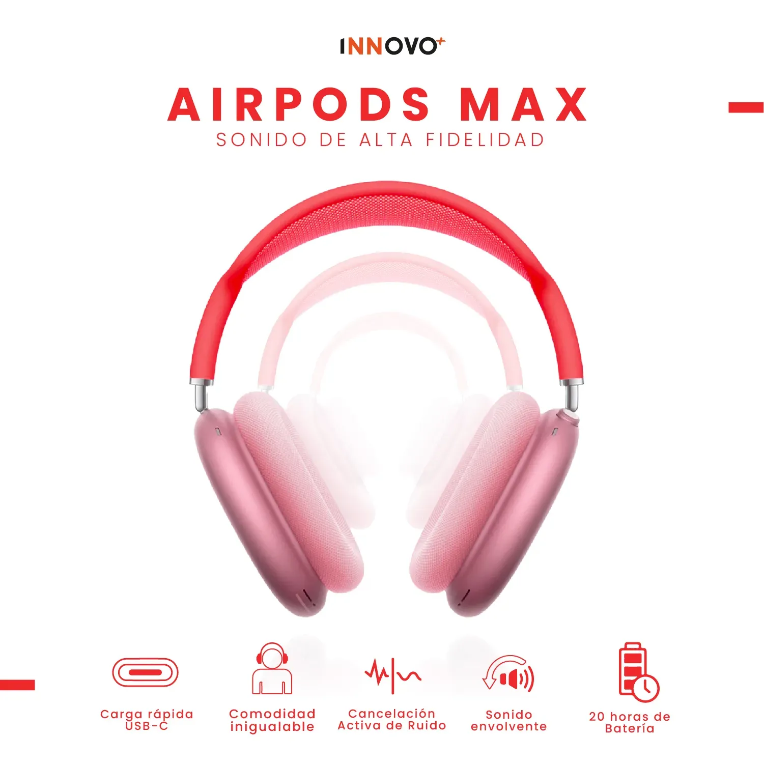 	 Audífonos Airpods Max 1.1 Replic Magnetica Full Sonido Bluetooth Estuche Rojo