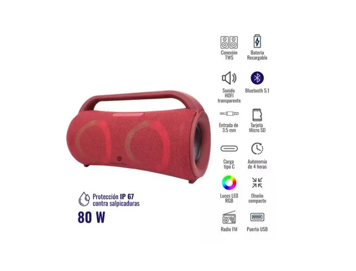 Parlante Portable Bluetooth Mega Sound Bass Tws Rojo