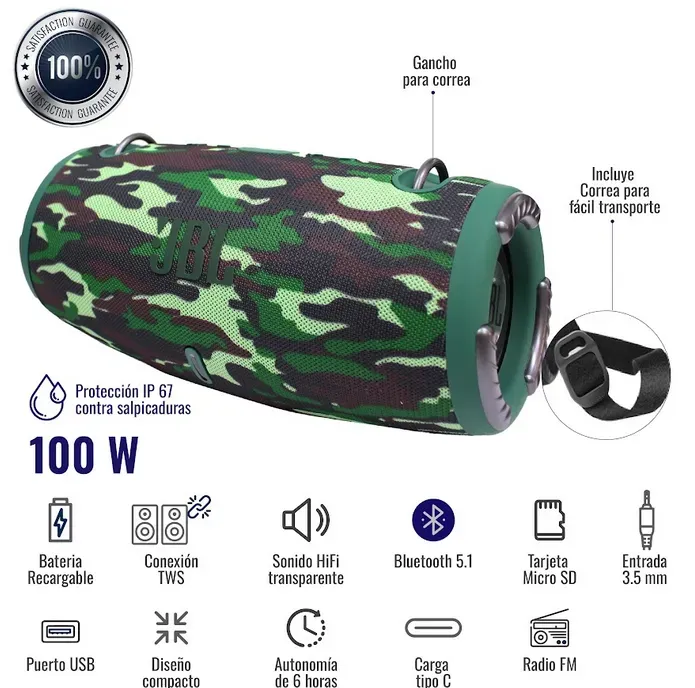 Parlante JBL Xtreme 3 Verde Camuflado Mega Bass TWS Bluetooth Potente Replic