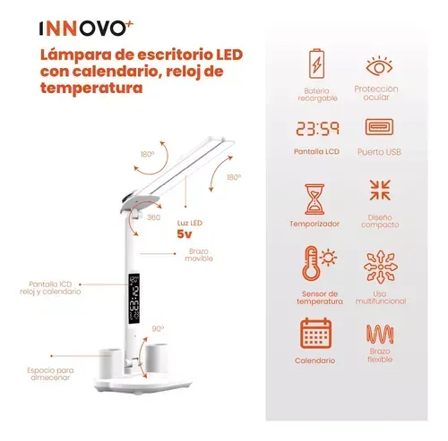 Lampara Led Recargable Para Escritorio Con Reloj 3 Tonos