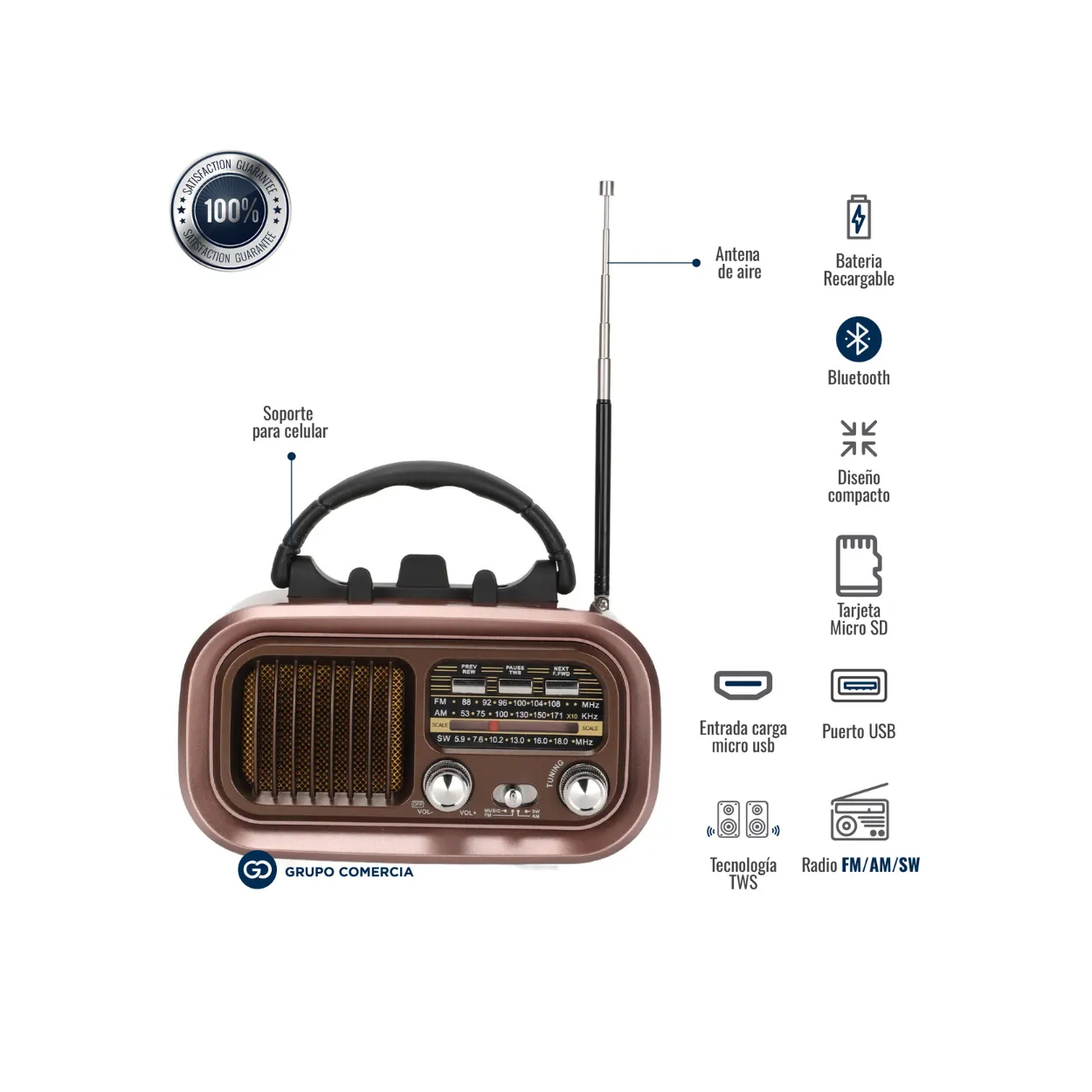 Radio Retro Potente Grande Multibandas Am Fm Bluetooth