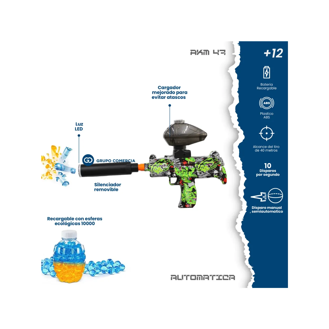 Pistola Hidrogel Mini Uzi Silenciador Con Luz + 20.000 Orbis