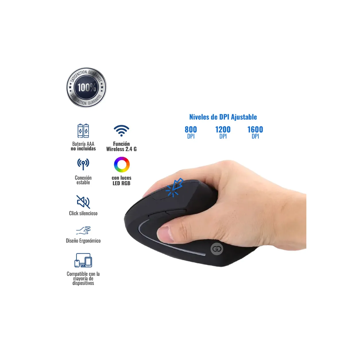 Mouse Vertical Ergonómico Inalámbrico Recargable Con Cable Mini Usb