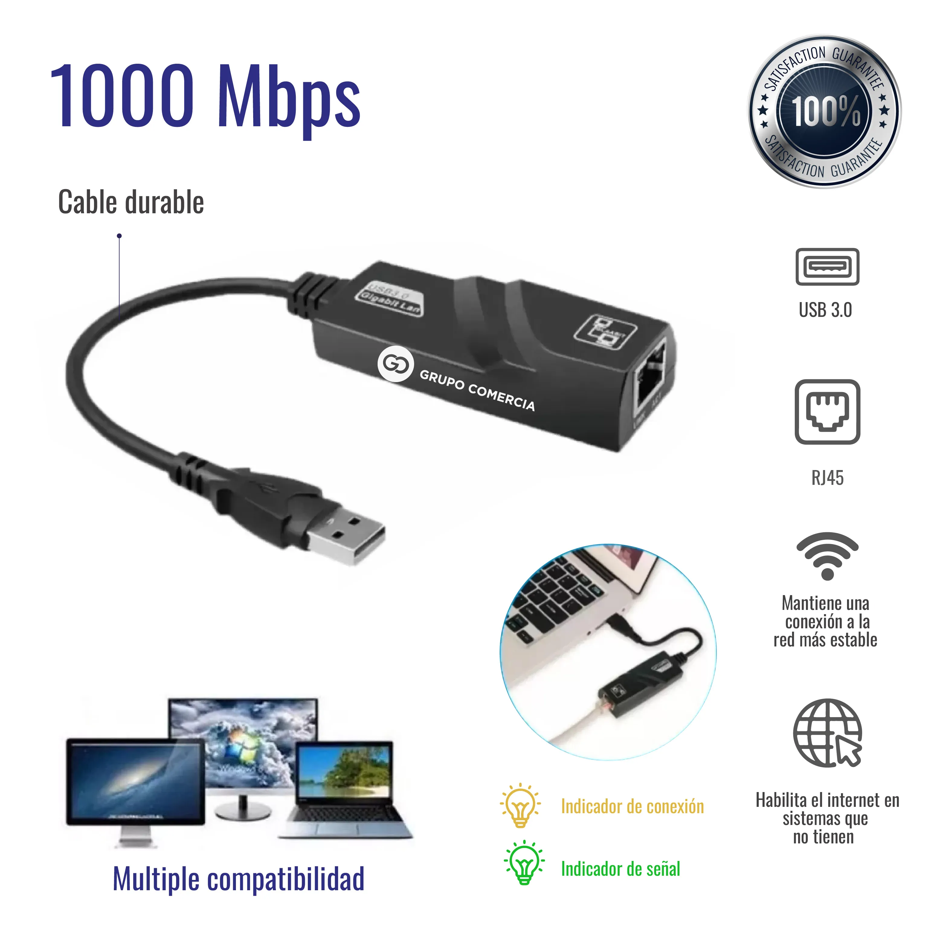 Adaptador Convertidor Tipo C Ethernet 10/100/1000 Mbps