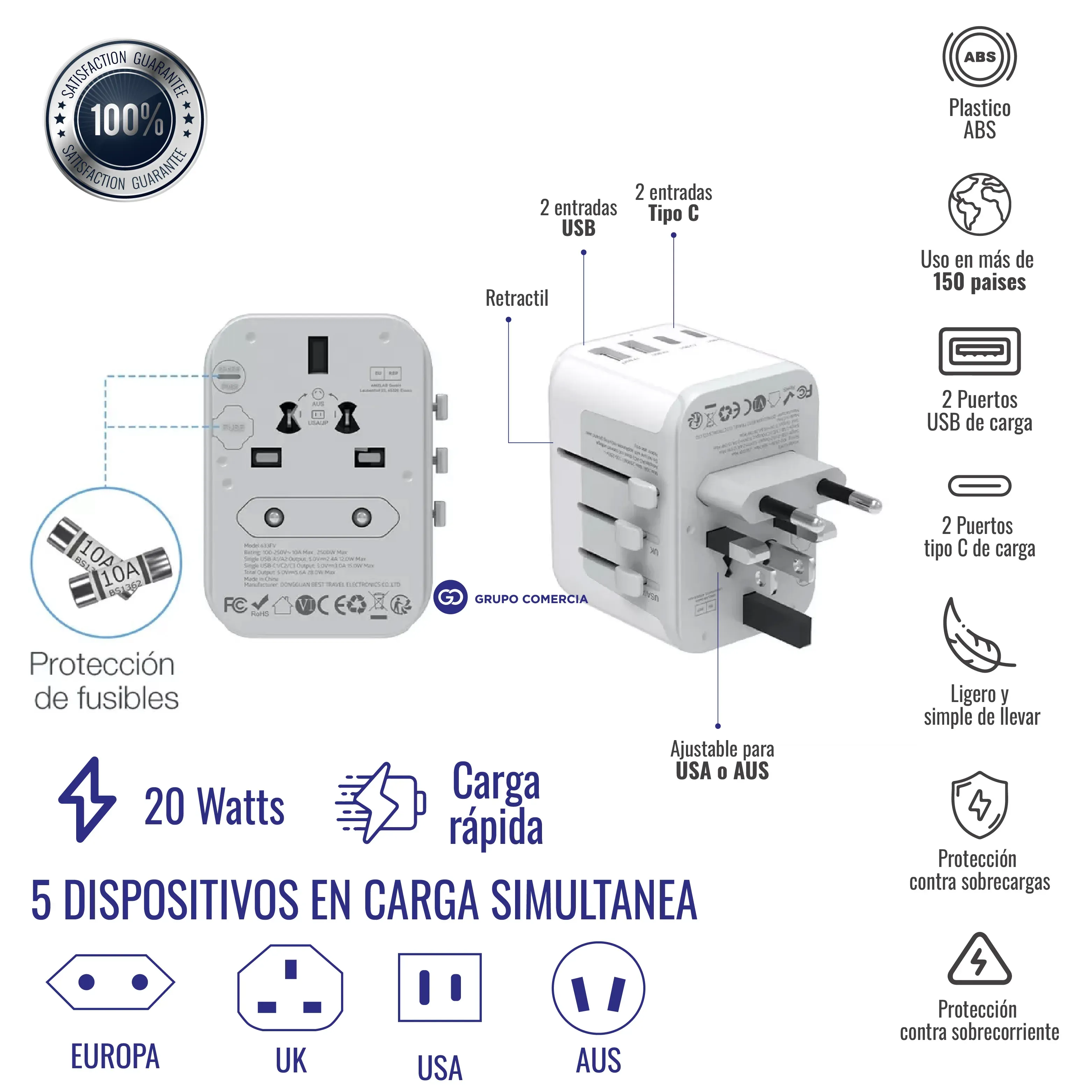 Convertidor Mundial Adaptador Carga Rápida 20w Puerto Usb-c