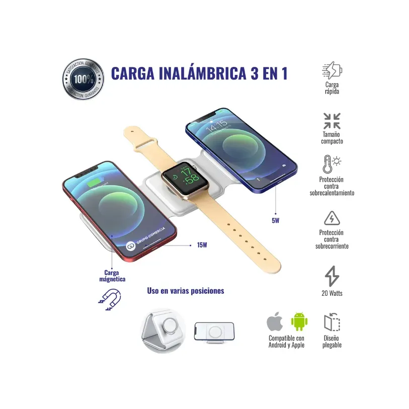 Base Carga Inalámbrica 3 En 1 Celular Smartwatch Audífonos