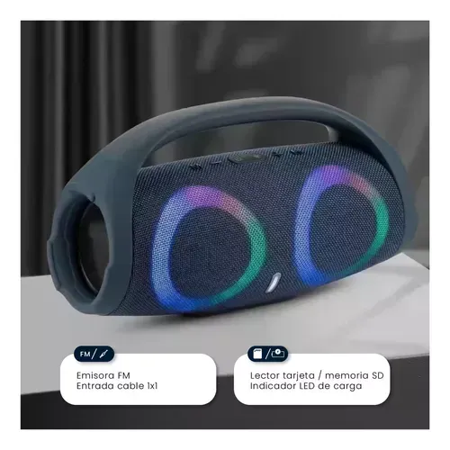 Parlante Portatil Boom Mega Bass Sound Luces Bluetooth Tws Resiste Salpicaduras Azul