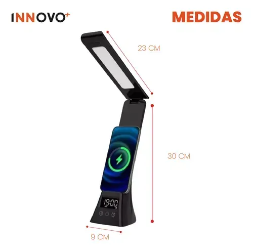 Lámpara De Mesa Recargable Carga Inalámbrica Led Reloj