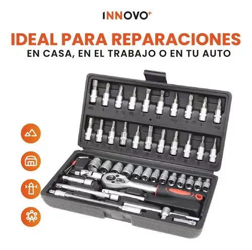 Juego De Copas Rache Puntas Extensor Estuche Herramienta Manual 46 Piezas Innovo