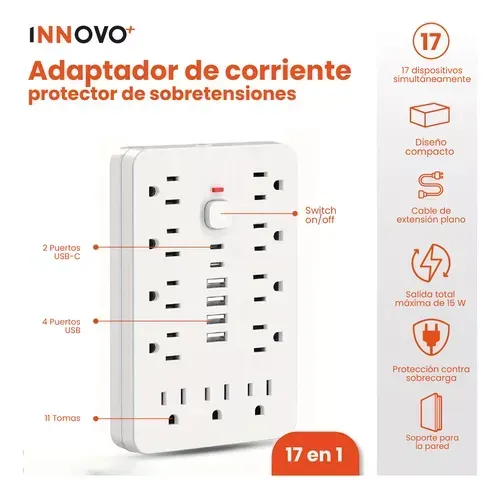 Multitoma Extensión Proteccion De Picos 17 En 1 Usb / Usb C