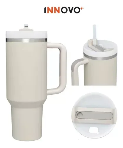 Termo Vaso Conserva Temperatura 1.2 L Acero Inoxidable Con Pitillo Beige Cream Innovo Flask