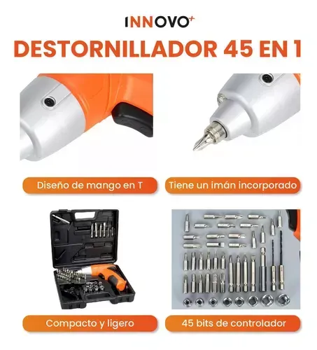 Atornillador Recargable 45 Piezas Infaltable Del Hogar Con Estuche Innovo Tools