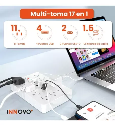 Multitoma Extensión Proteccion De Picos 17 En 1 Usb / Usb C