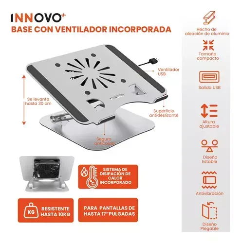 Base Para Laptop Pc Aluminio Ventilador Ergonómica Innovo