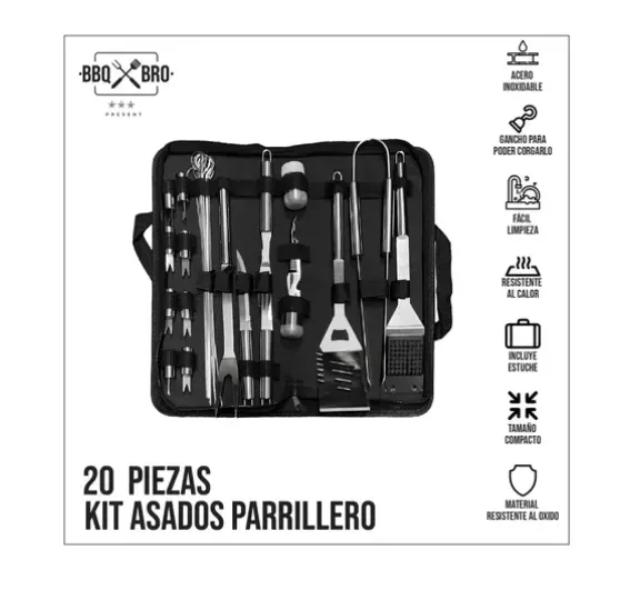 Set Utensilios Asados Infaltables 20 Pz Acero Inoxidable