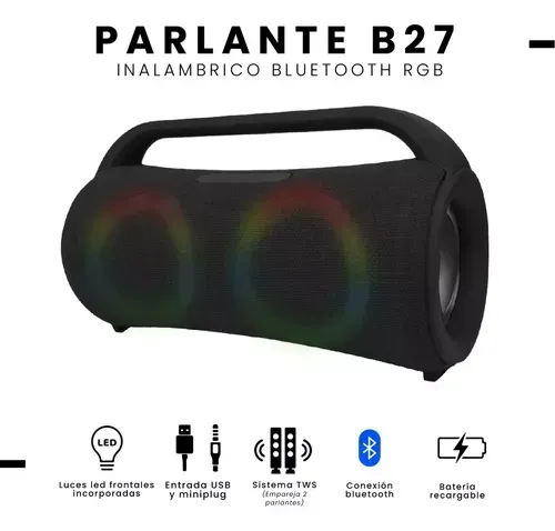 Parlante Portable Recargable Resiste Salpicaduras Tws Bluetooth Mp3 Luces Rgb Negro Bass