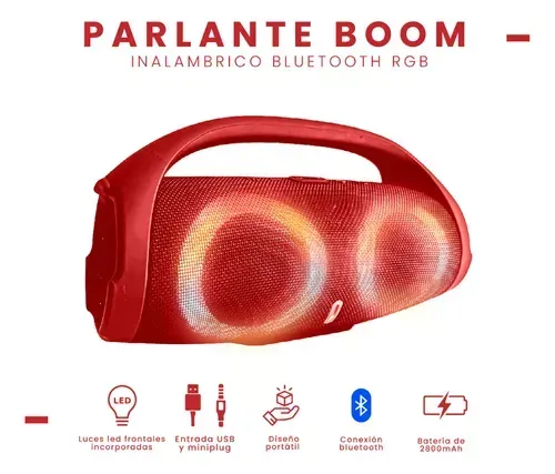 Parlante Portatil Boom Mega Bass Sound Luces Bluetooth Tws Resiste Salpicaduras Rojo