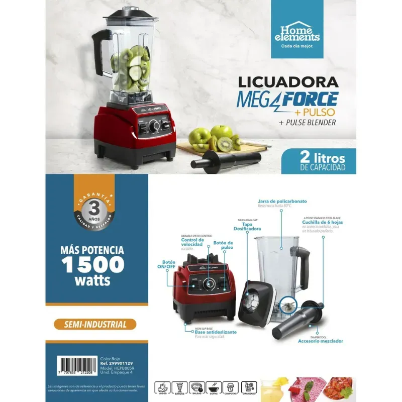 Licuadora HOME ELEMENTS Mega Force Jarra Policarbonato 299901129