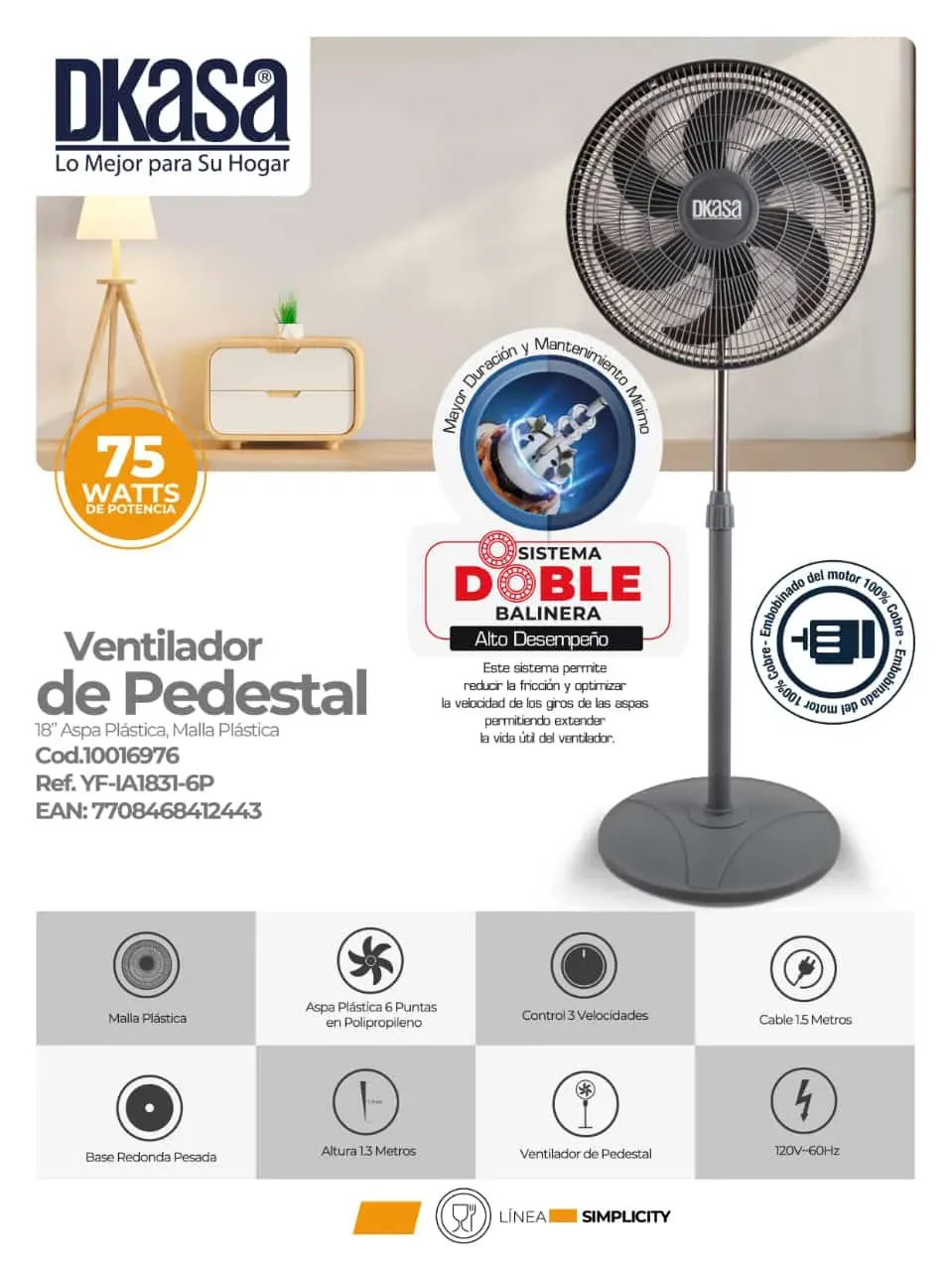 Ventilador Simplicity De Pedestal 18", Aspa Plástica, Malla Plástica 