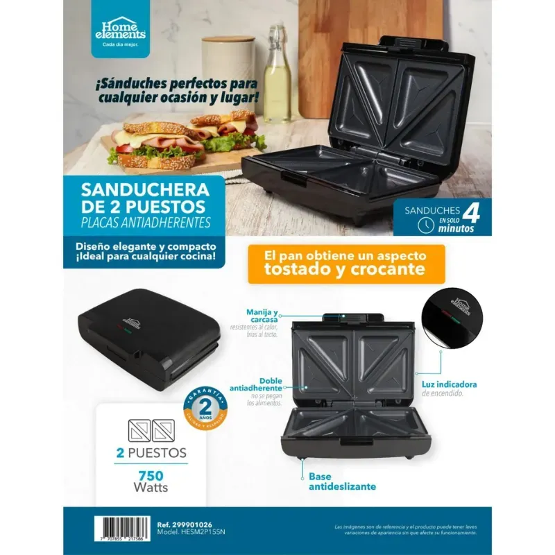 Sanduchera HOME ELEMENT Negro Platos 2 Puestos 299901026