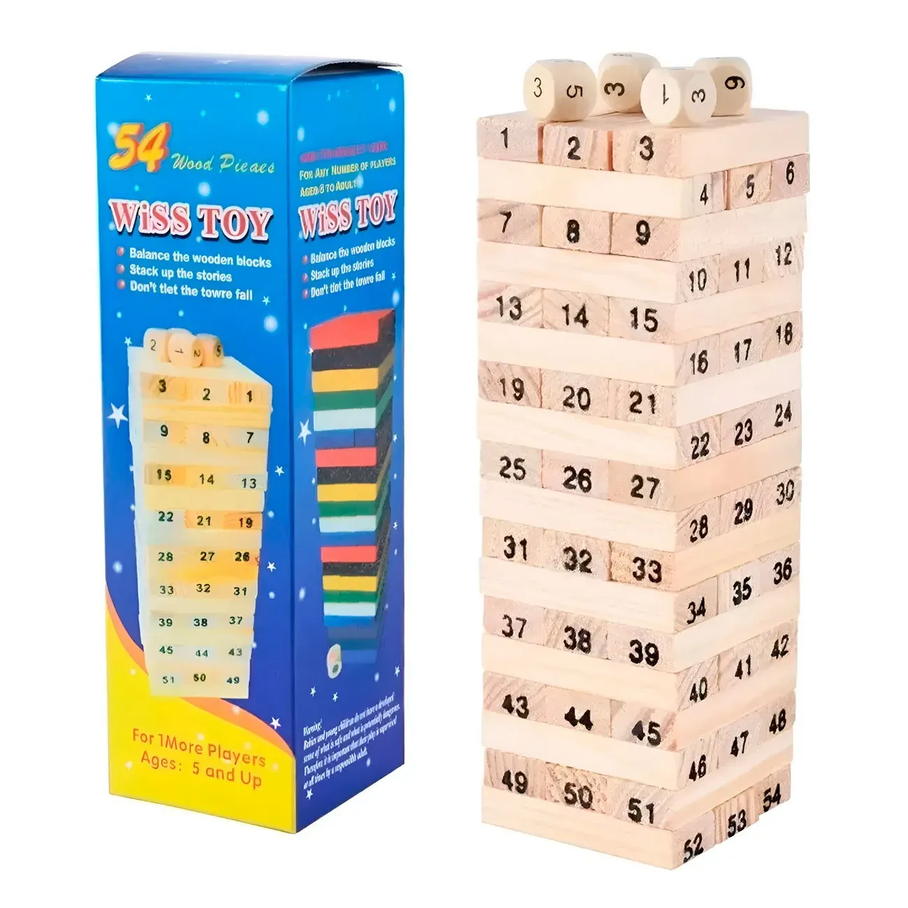 Jenga Torre Madera Grande Bloques 48pc Dados Juego Mesa