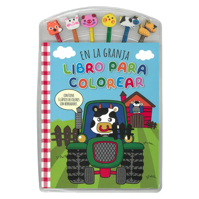 LIBROS PARA COLOREAR + 6 LÁPICES DE COLORES CON BORRADORES EN LA GRANJA