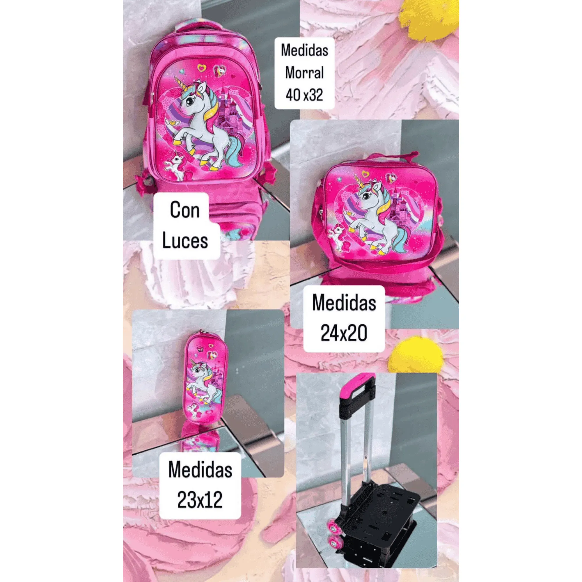 Combo Escolar Con luces Incluye Morral + Lonchera+Cartuchera Unicorno Rosa