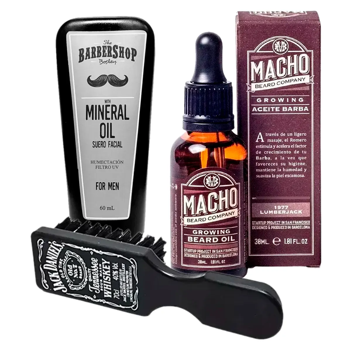 Kit Tónico Macho + Aceite Mineral Barbershop Barba + Cepillo