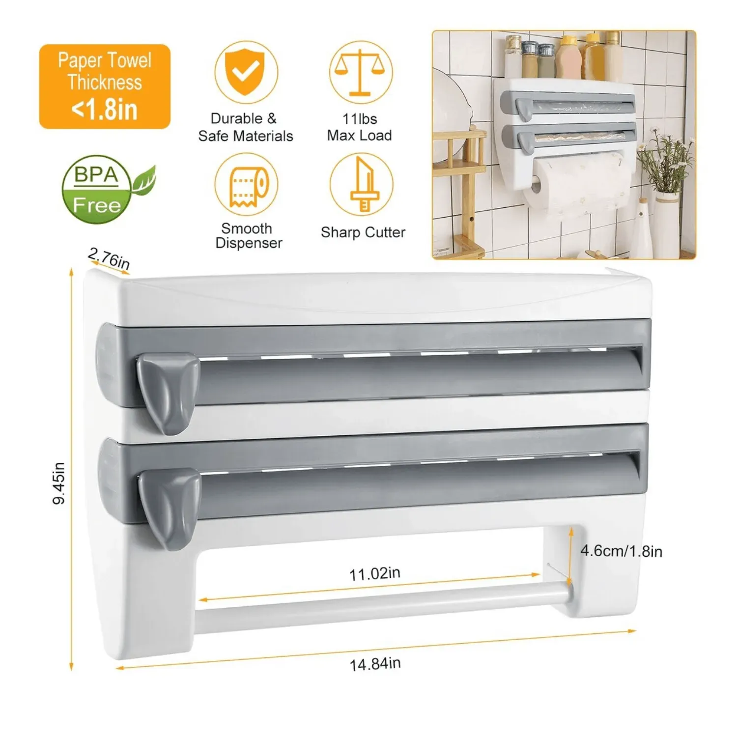 Organizador de Cocina 4 en 1,Repisa para Condimentos y Dispensadores Papel, Aluminio, Vinipel, etc.