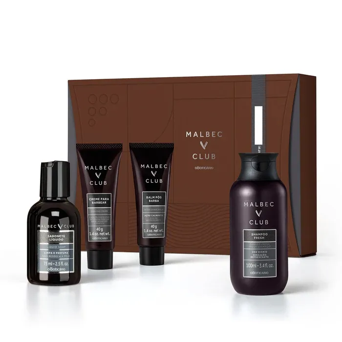 oBoticario Kit de Regalo Hombre Malbec Club: Loción pos-barba 40g, Crema de afeitar 40g, jabón liquido 75ml y Shampoo Fresh 100ml