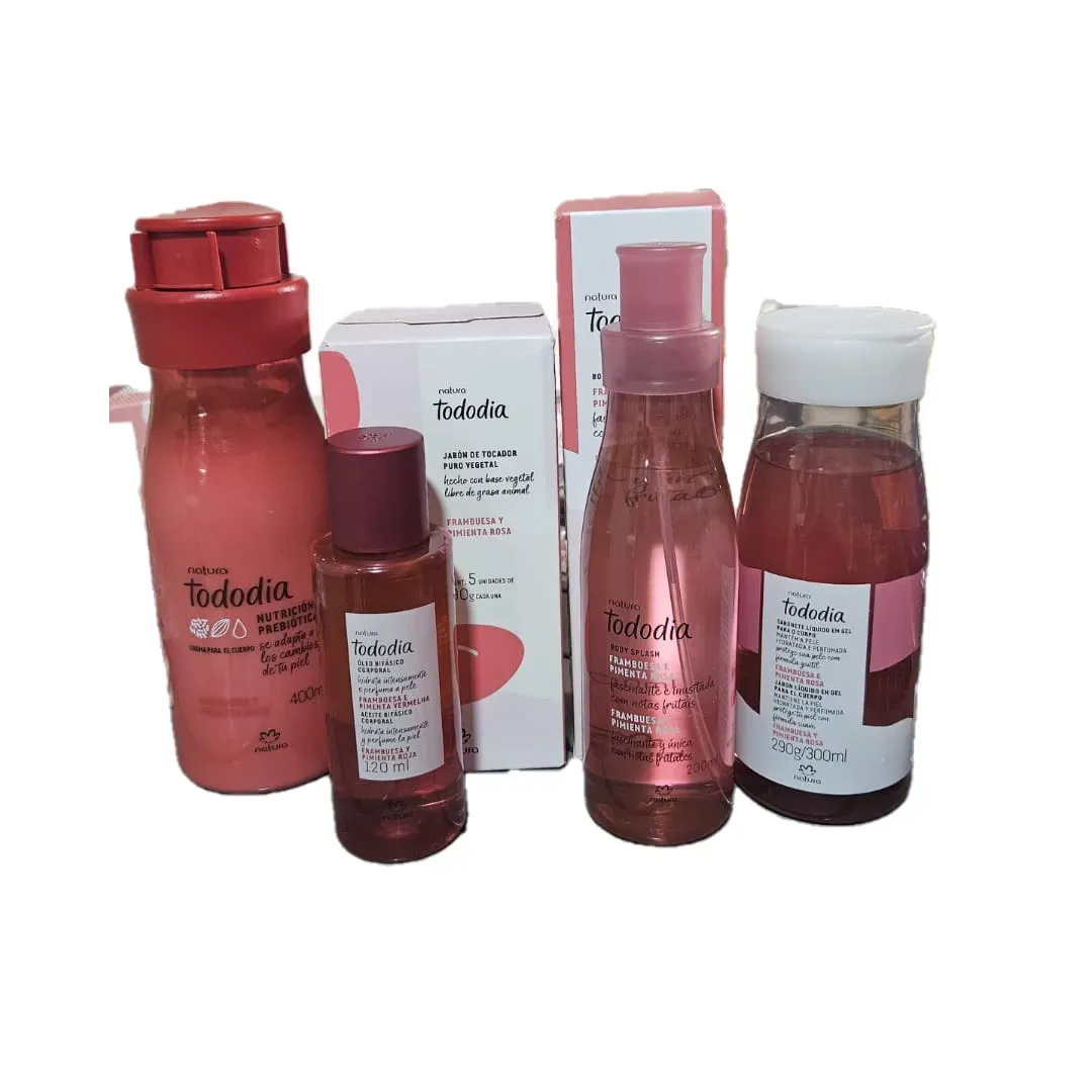 Natura Kit Tododia Frambuesa y Pimienta Rosa/Roja: Crema Hidratante Frambuesa y Pimienta Roja 400ml, Splash Frambuesa y Pimienta Rosa 200ml, Jabones en barra Frambuesa y Pimienta Rosa por 5 unidades, Jabon liquido Frambuesa y Pimienta Rosa 300ml y Óleo Bifasico Corporal Frambuesa y Pimienta Roja 120ml.